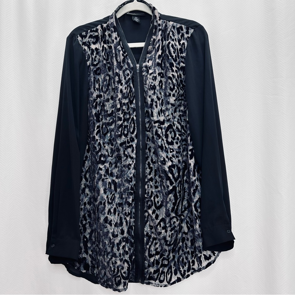 Lane Bryant black animal print zip up blouse